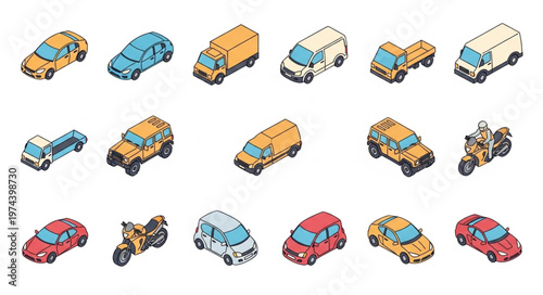 Colorful isometric cartoon vehicle icon set display.