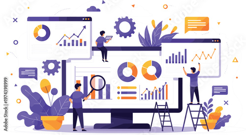 Business Data Analytics Dashboard Illustration with Team Analyzing Charts Graphs and Reports for Marketing Strategy Performance Monitoring and Statistical Visualization
