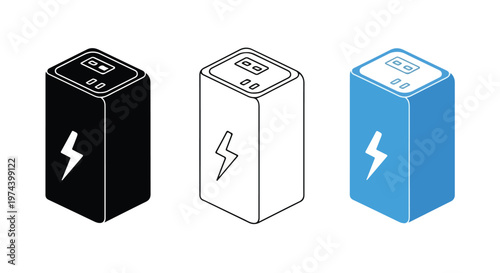 Three portable power bank devices shown in black, outline, and blue variations with charging symbols for mobile