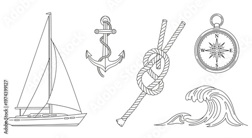 Monochrome line art illustration of DJ equipment including turntable headphones mixer and speakers.