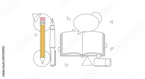 Monochrome line art illustration of DJ equipment including turntable headphones mixer and speakers.