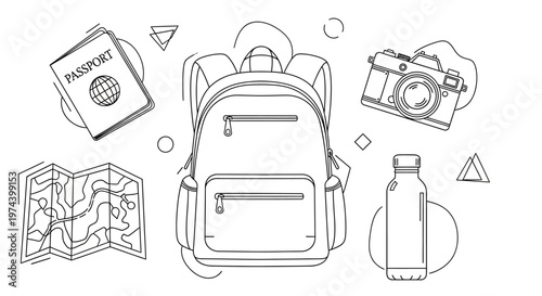 Monochrome line art illustration of DJ equipment including turntable headphones mixer and speakers.