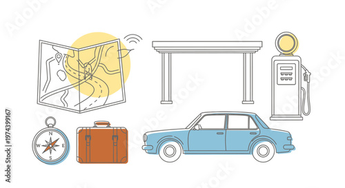 Monochrome line art illustration of DJ equipment including turntable headphones mixer and speakers.