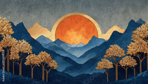 Stylized sunrise behind layered blue mountains, golden trees in foreground