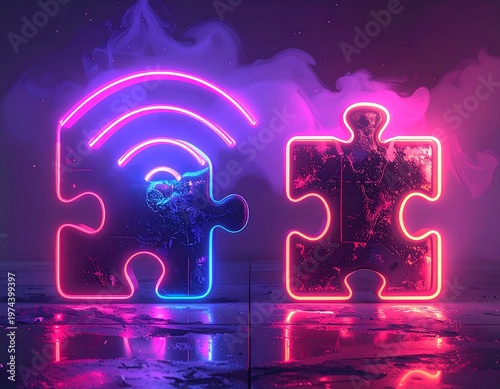 Abstract neon art features two jigsaw puzzle pieces, one with a wireless symbol outline, against a smoke-filled backdrop