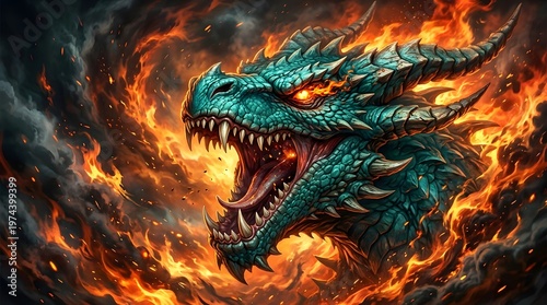 Fierce Dragon Breathing Fire in Dramatic Fantasy Scene