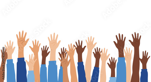 Diverse group of hands raised in a vector illustration symbolizing unity, participation, and a call for volunteers or answers