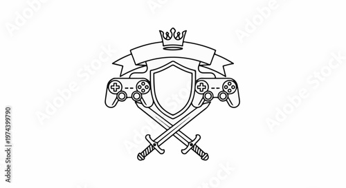A line art emblem with a crown, shield, crossed swords, and game controllers