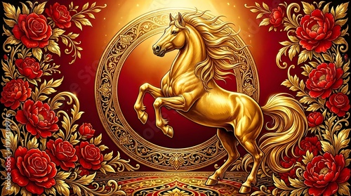 Golden horse with ornate circular frame surrounded by red roses