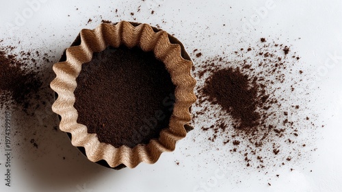 Paper coffee filter with ground coffee beans on white background. Top view of brewing equipment for morning beverage. Process of making espresso in kitchen. Preparation of caffeine drink.