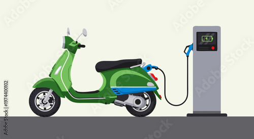 Green electric scooter charging station vector illustration on a gray background, concept of sustainable urban mobility