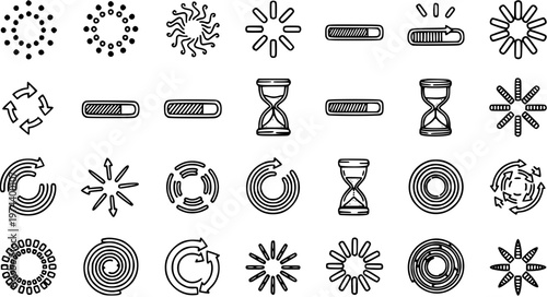 Technology UI UX Loading and Waiting Indicators Vector Set: Black and White Outline Line Art Icons for Software, Web Design, Progress, and Refresh Symbols