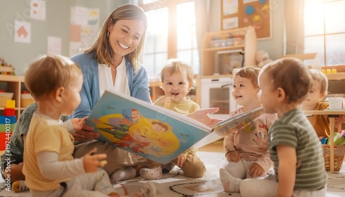 Smiling teacher reading a colorful book to a group of happy toddlers in a bright classroom.
