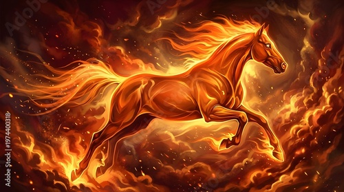 Fiery horse galloping through swirling flames in dynamic digital artwork