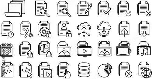 Black and White Line Art Icons for Document Management and Data Analysis