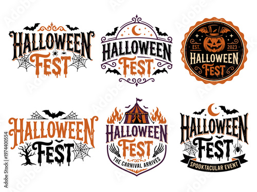 Halloween Fest typography logo set, spooky dripping script lettering with orange purple palette