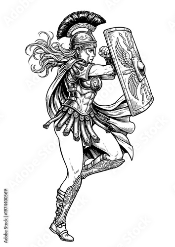 Female Roman Legionary Warrior in Dynamic Battle Pose with Shield and Armor – Ancient Gladiator Fantasy Character Vector Line Art Illustration