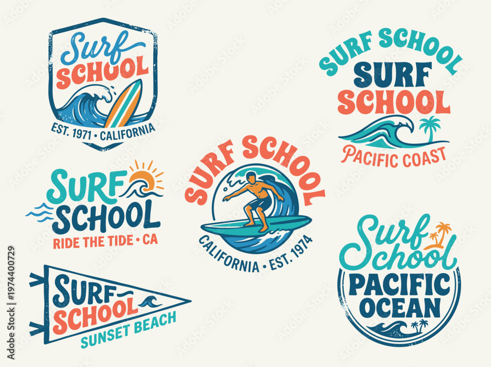 Obraz premium Surf school logo lettering collection, retro 1970s California beach script and bold display typography