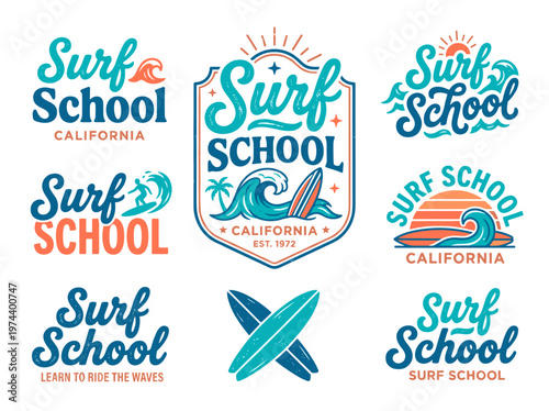 Retro surf school badges and emblems, coastal wave illustration with surfboard and flowing script typography