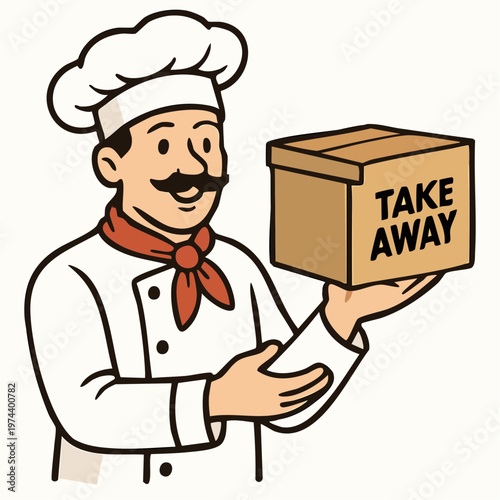 A cheerful cartoon chef holding a take away food box