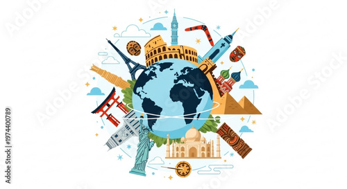 Vibrant illustration of famous landmarks encircling the earth symbolizing global travel and tourism with iconic monuments