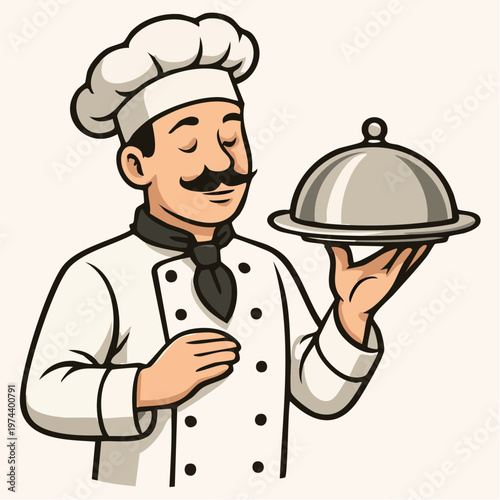 A cheerful cartoon chef presenting a covered dish with a smile
