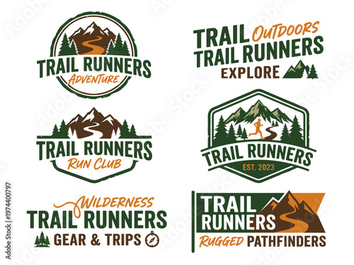 Trail Runners logo lettering set, rugged bold font with mountain trail badge, outdoor athletic aesthetic