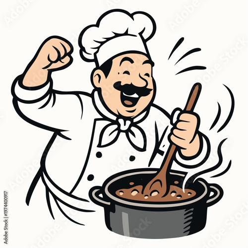 A cartoon chef celebrating while cooking a soup 