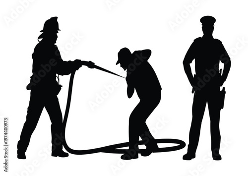 Silhouettes of firefighters and police officer using fire hose vector illustration EPS PNG file