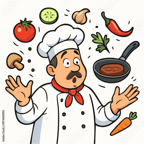 A cartoon chef surrounded by flying vegetables and a frying pan