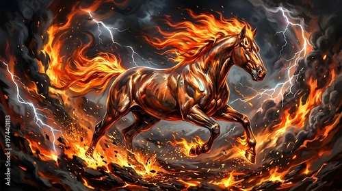 Fiery horse galloping through stormy sky with lightning