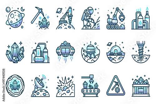 Various mining and construction icons depicting equipment and activities in a industrial setting with technology