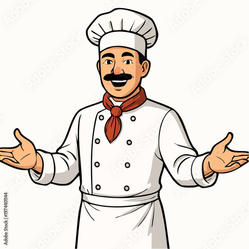 A cheerful cartoon chef with a welcoming gesture in a white uniform