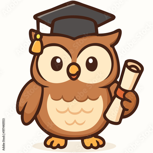 A cartoon owl wearing a graduation cap and holding a diploma