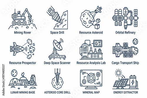 Space mining operations with a mining rover on an asteroid surface near a resource analysis lab and deep space scanner