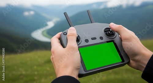 Drone remote controller with blank green screen held by pilot over river