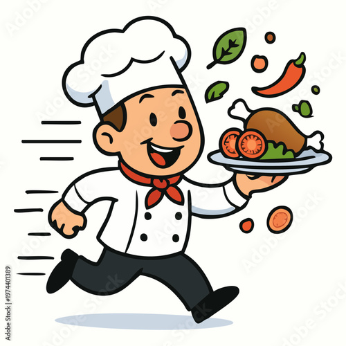 A cheerful cartoon chef running with a plate of food in a playful kitchen scene