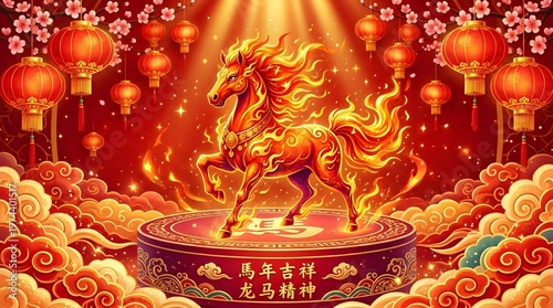 Fiery horse in vibrant Chinese lantern festival scene