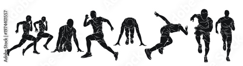 Set of male runners in silhouette in different positions, group of professional sprinter athletes in racing competition