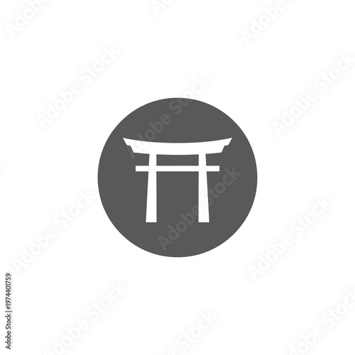 White torii gate vector icon on a circular dark grey background