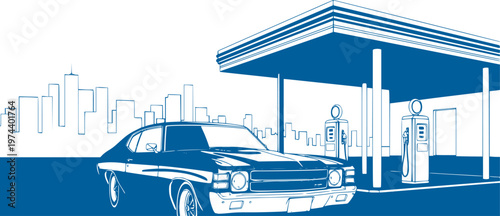 Car gas station in retro style. Classic car with gas station. Flat monochrome vector illustration. EPS version.