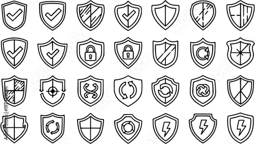Black and white line art shields with security icons for technology and data protection