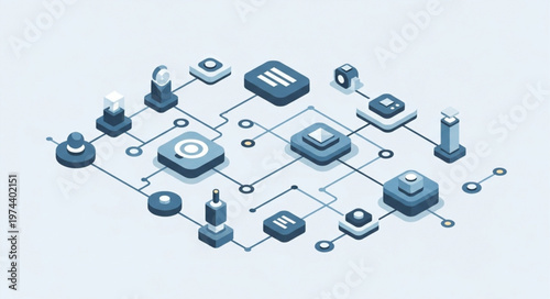 Isometric blockchain network nodes and technology components.