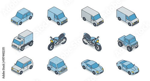Isometric Blue Vehicle Icons Set Various Types.