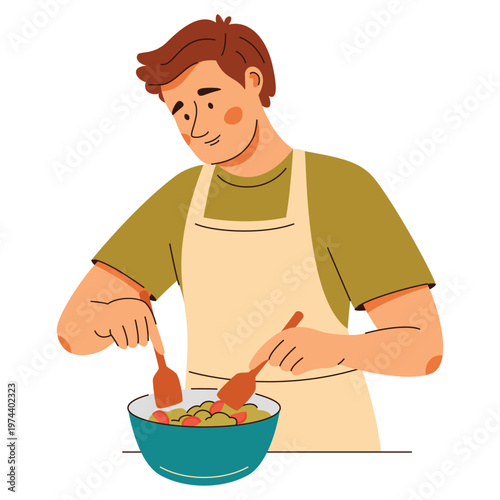 Smiling man in apron mixing fresh vegetable salad in bowl. Cozy home cooking scene with healthy food