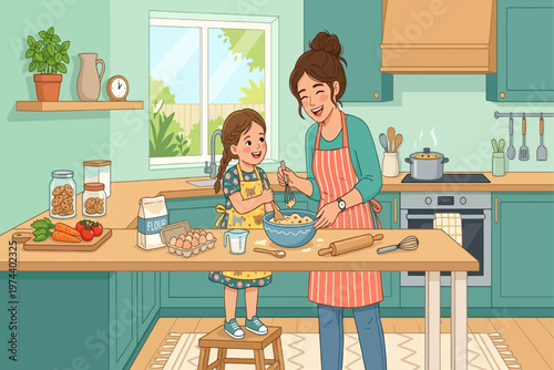 Woman and child prepare food together in a modern kitchen setting indoors.