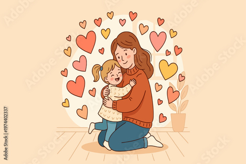 A woman kneels on the floor hugging a little girl with hearts floating around them in a warm room.