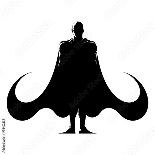 Superhero silhouette, black cape, comic book hero, vector illustration, caped crusader