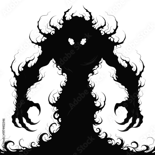 Black monster silhouette, evil creature icon, fantasy beast illustration, horror symbol