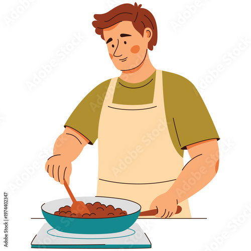 A man in an apron stir fries food on the stove. A cozy home cooking scene featuring healthy food